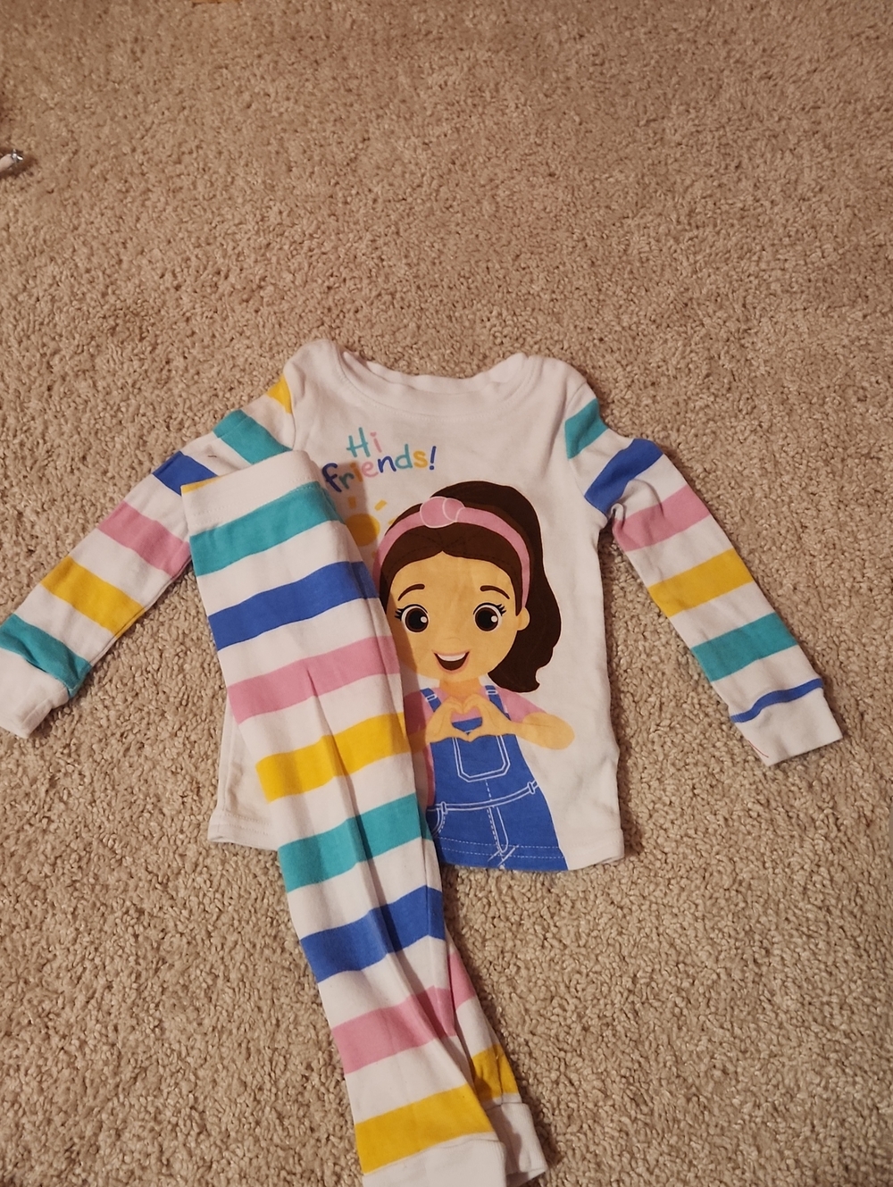 Girls' White Pajama Set with Colorful Stripes and Character Graphic
